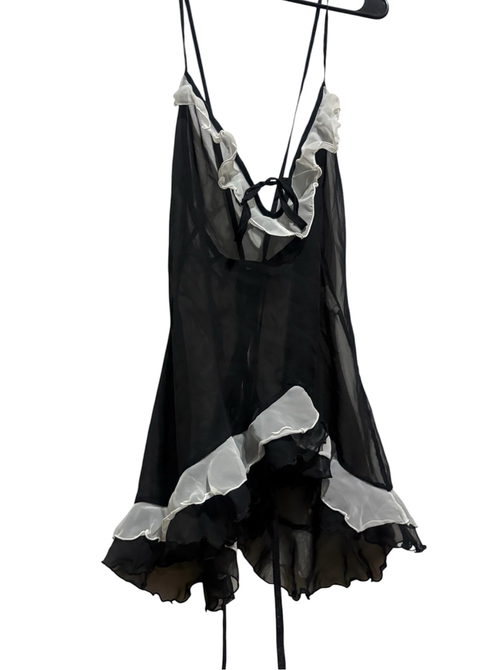 Vintage Shirley of Hollywood Black Sheer Ruffled Babydoll with White Trim